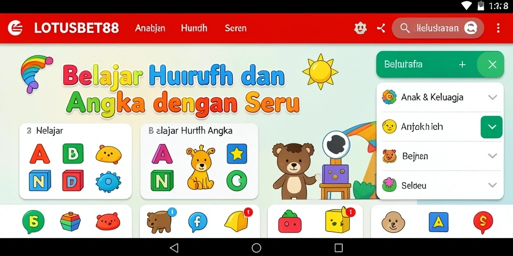 Tampilan menarik dari antarmuka aplikasi LOTUSBET88 untuk belajar huruf dan angka.