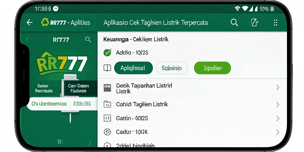 Antarmuka aplikasi RR777 menampilkan fitur cek tagihan listrik yang jelas.