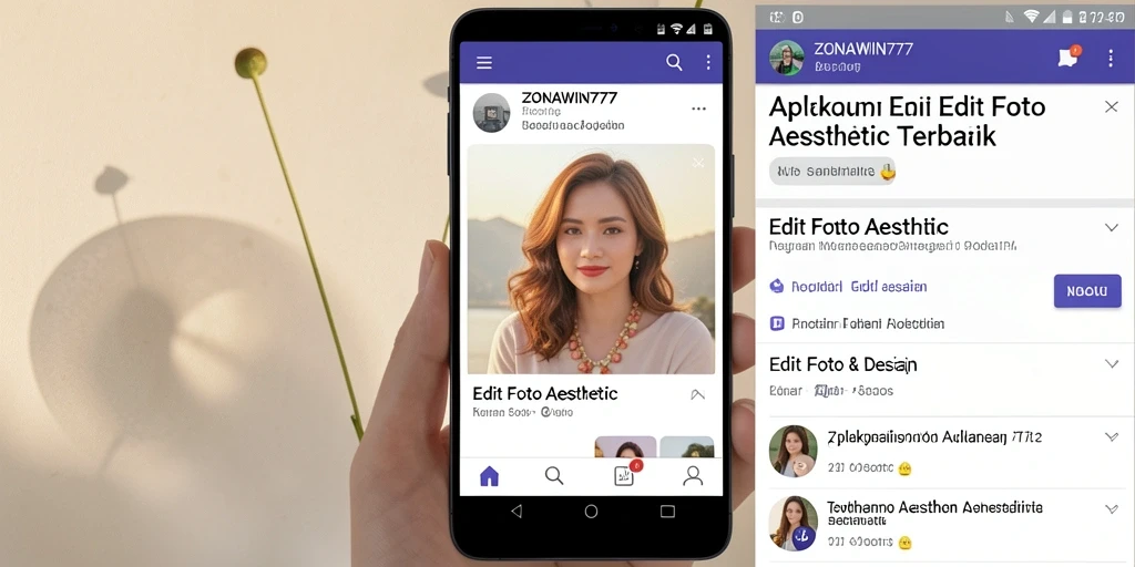 Antarmuka aplikasi ZONAWIN777 dengan fitur edit foto aesthetic.